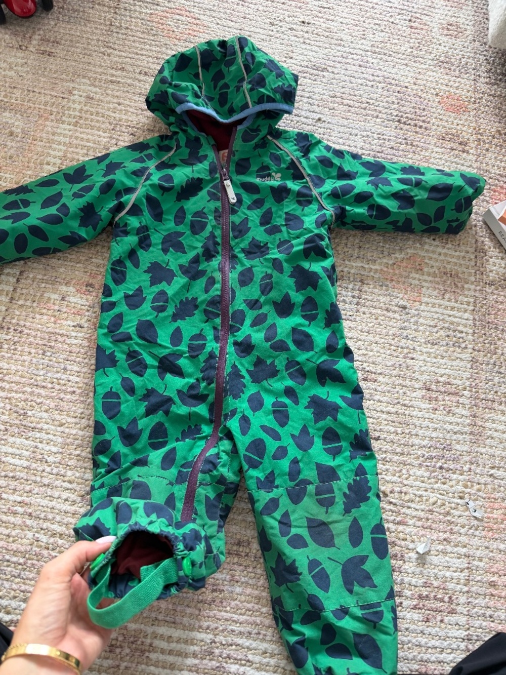 Muddy Puddles Fleece Lined Waterproof Puddle Suit Green Leaf Print 2–3 Years